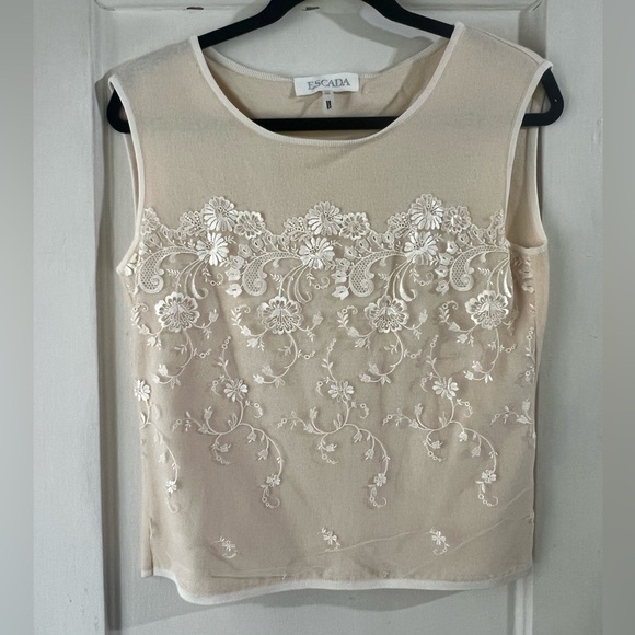 Escada Sleeveless Cashmere Blend Sweater with Silk Lace Detailing 36 - Picture 1 of 10